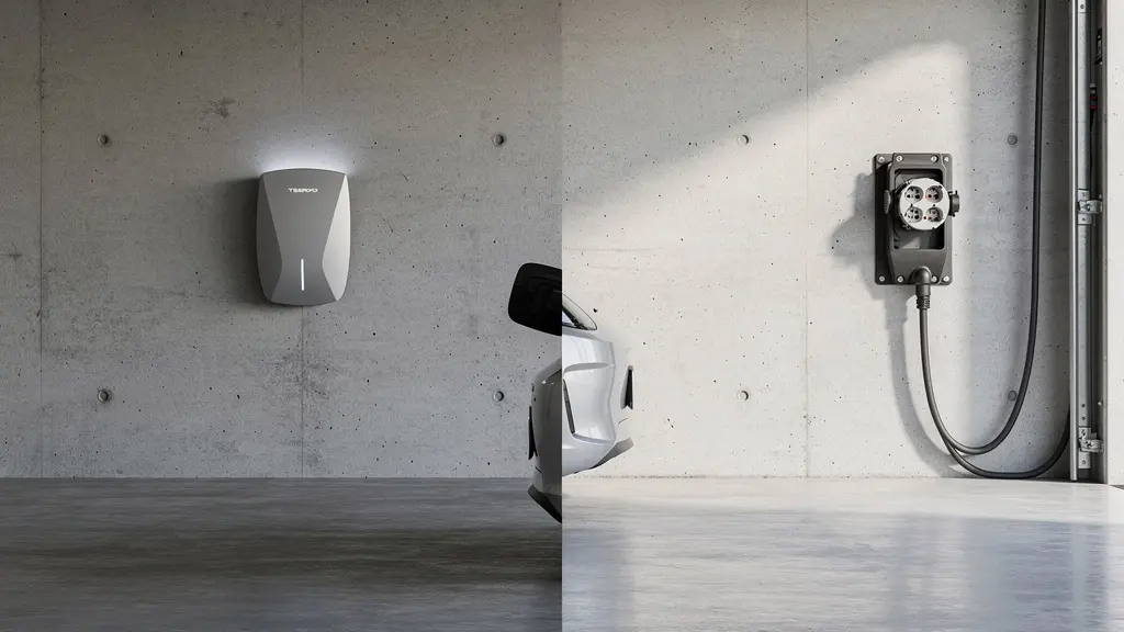 Comparaison entre une wallbox moderne et une prise renforcée dans un garage résidentiel avec une voiture électrique